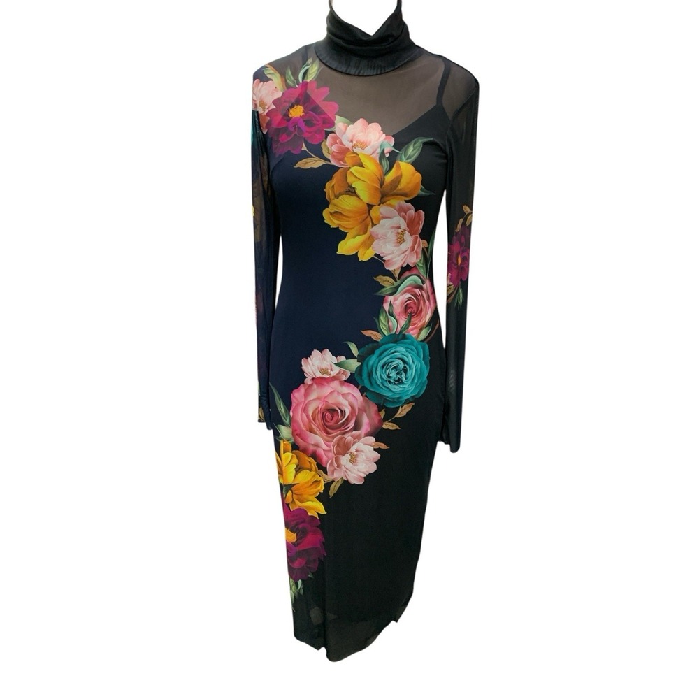 AFRM Shailene Dress Navy Block Floral Size Large MIDI Length Long Sleeve NWTS